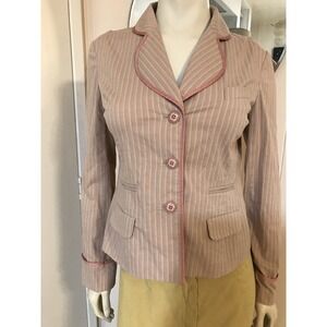 Anthropologie Elevenses Pink & Tan Striped Waistcoat Jacket W/Ruffled Back Hem 6